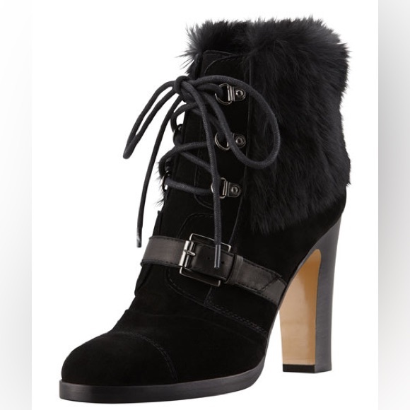 Aquatalia Grandly Suede-Rabbit Fur Lace-Up Boot Black - Picture 1 of 16